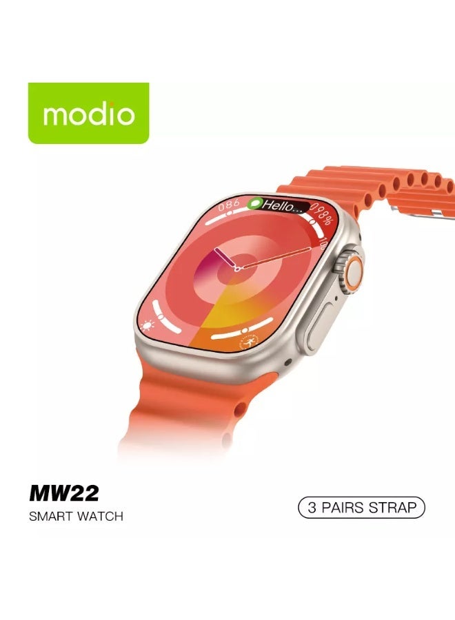 Modio MW22 Smart Watch with 2.2 Inch Full Screen, Supports Health Tracking Features and Sports Modes, Supports Smart Notifications and Alerts, Powerful Battery, Stylish and Modern Design, 3 Straps Attached to Switch - Image 1